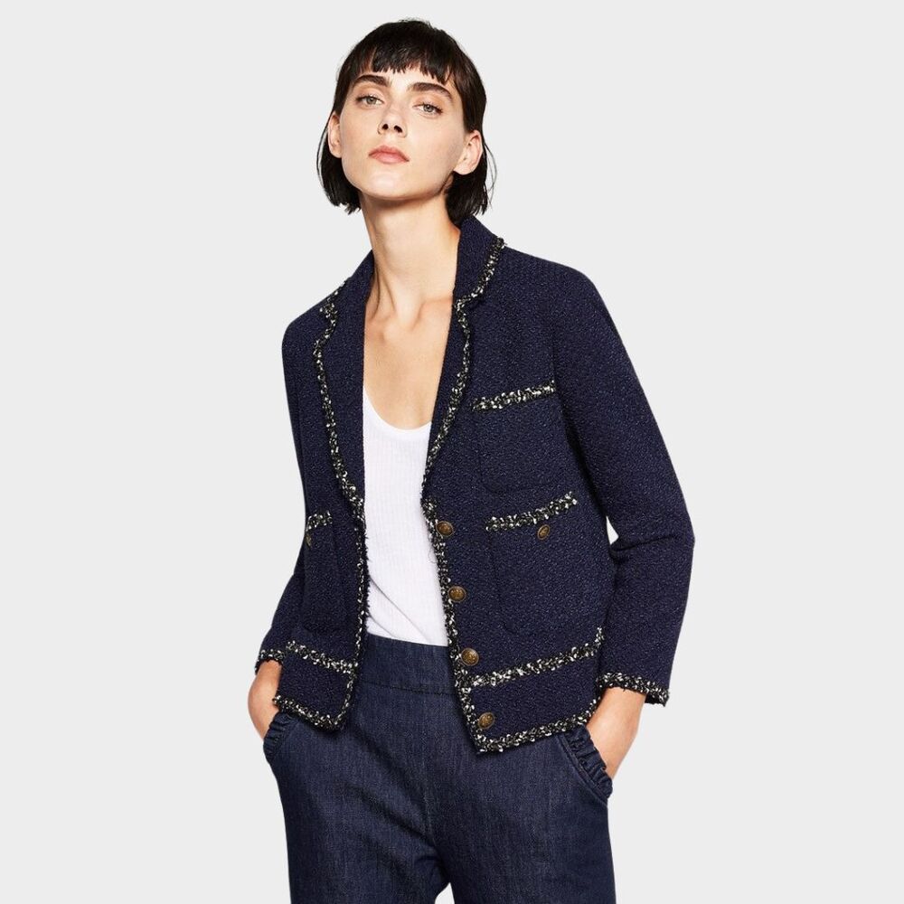 ZARA Navy Blue Tweed Boucle Knit Blazer Jacket Gold Button Cropped Preppy XS